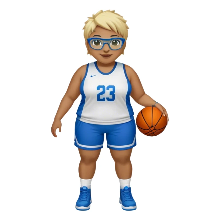 Full Body plus size white female with short spike hair wearing blue glasses basketball player wearing blue green uniform smiling sticker