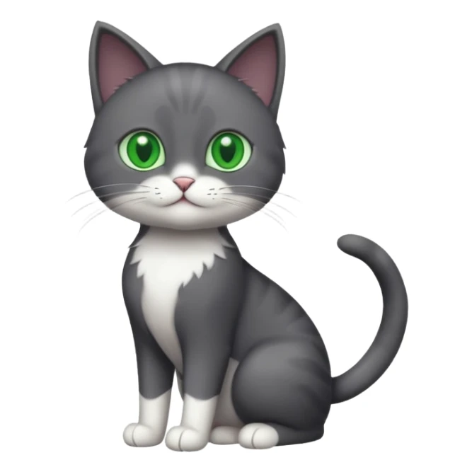 full body gorgeous solid dark grey cat with green eyes, white paws and white whiskers playing sticker