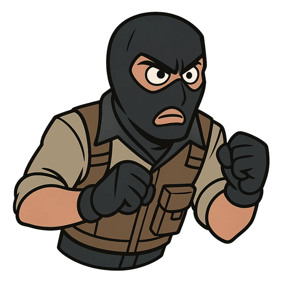 head of a Counter-Strike terrorist character, cartoon style, angular shapes, dynamic pose, neutral background sticker