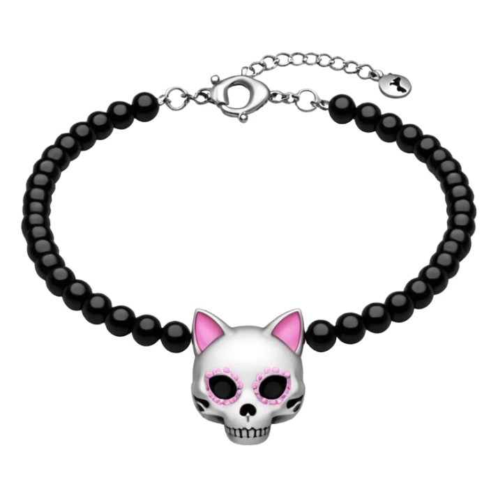 Thick black beaded choker with cat skull, silver and pink  sticker