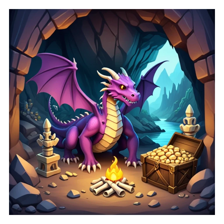 Dragon lair in a mountain cave with treasure piles and bones sticker