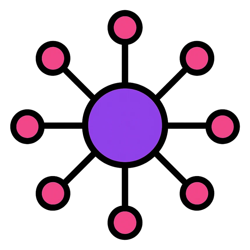 minimalist abstract icon of a global internet network, points connected by neon violet and magenta lines in circular or hexagonal pattern, radiating from center, on white background, optimized for small size sticker
