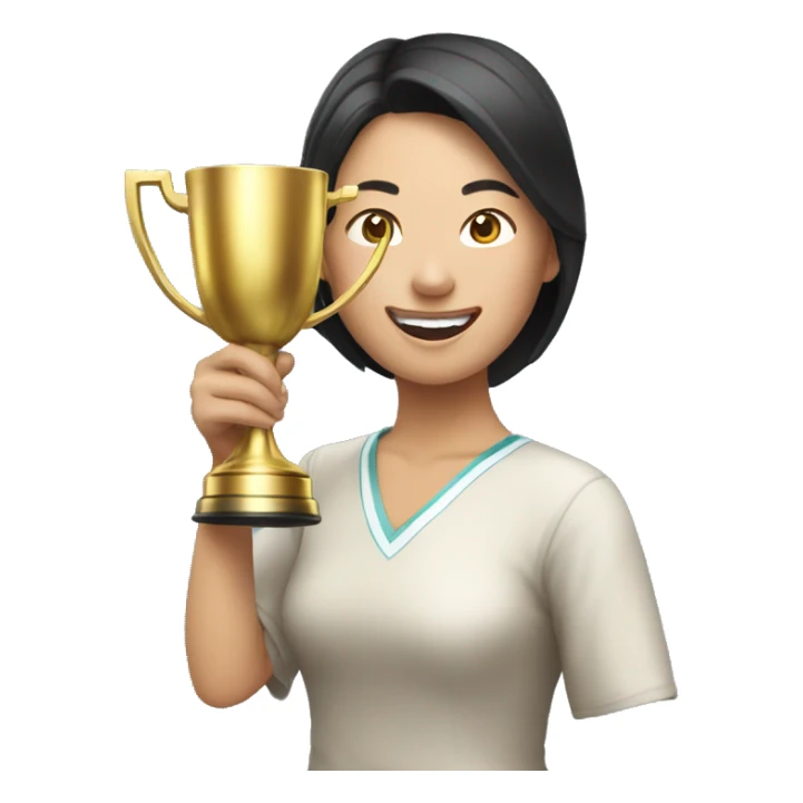 asian happy woman with a gold champion cup sticker