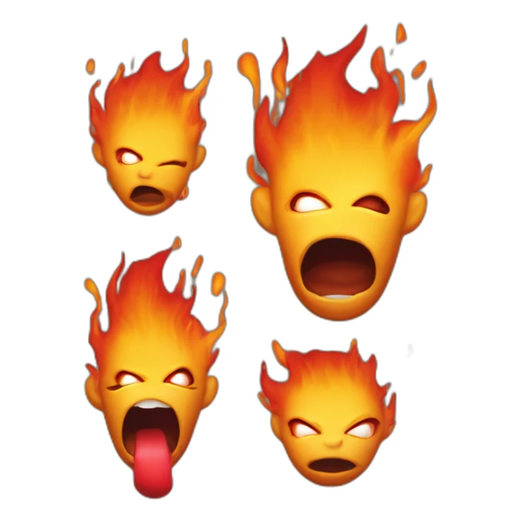 a cartoonish yellow-orange figure with a dome-shaped body, engulfed in orange and red flames at the top, with large dark eyes and a slightly open mouth showcasing a red tongue sticker