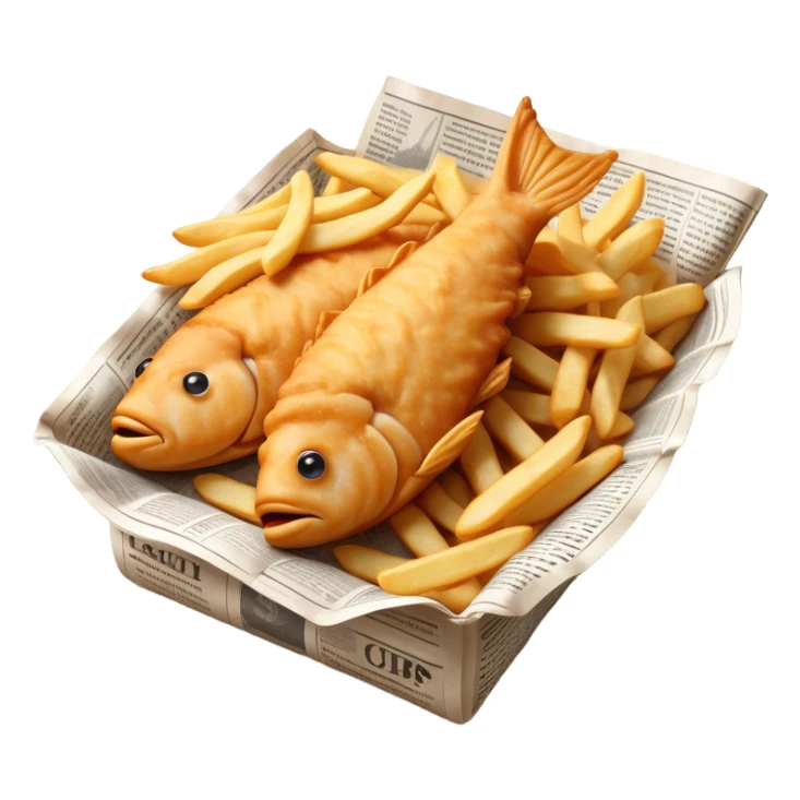 Fish and Chips Cinematic Realistic Fish and Chips Dish Emoji, depicted as a crispy battered fish fillet and golden chips served in traditional newspaper wrapping, rendered with lifelike textures and warm natural lighting that captures its iconic British street food charm  . sticker