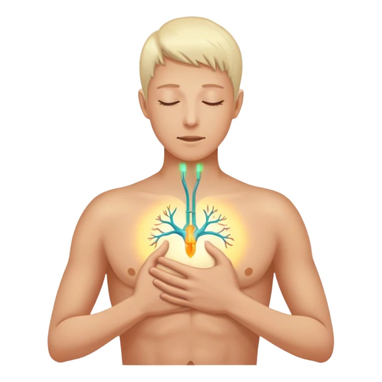 A hand on the chest with a soft, glowing light in the center, representing the vagus nerve switch being activated. The glow spreads through the body’s nervous system, turning off the alarm and bringing a sense of calm and control.-- vagus nerve sticker
