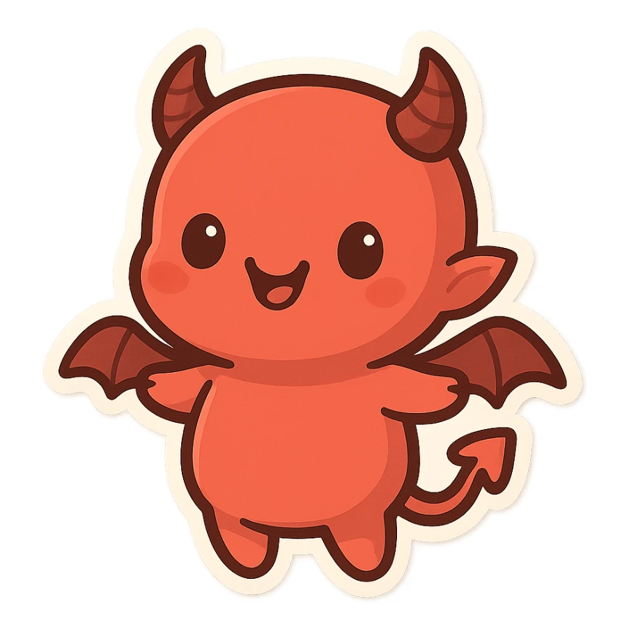cute devil with round body, tiny wings, smiling, chibi style sticker