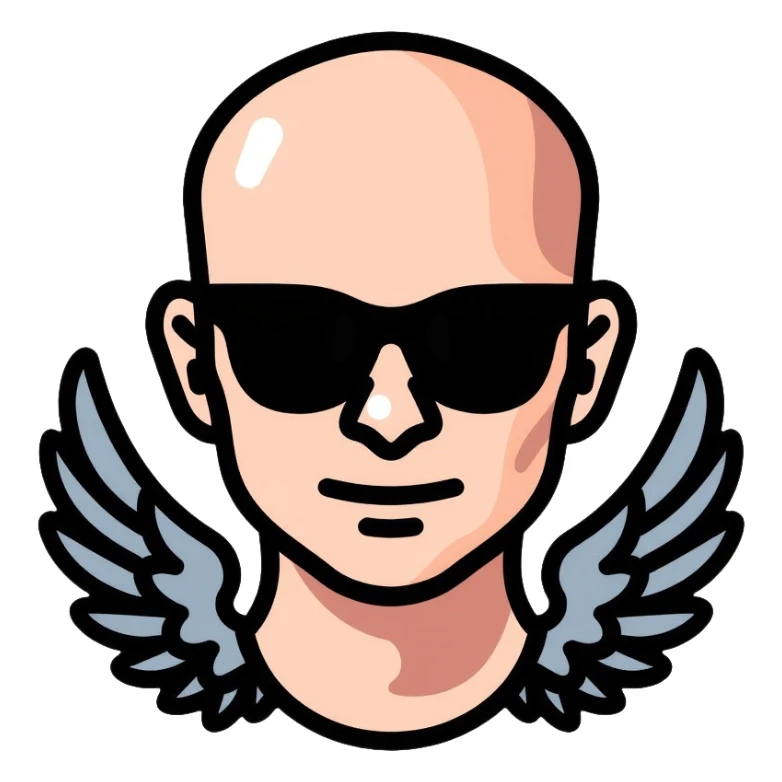 bald man with black sunglasses and wings sticker