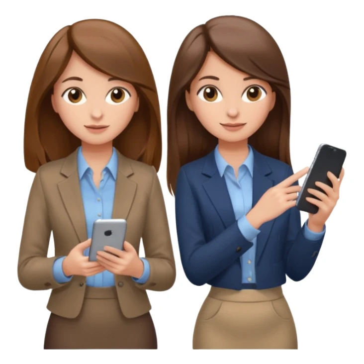 two brown haired girls, looking professional maybe leaned back on back and looking forward and using phones, with longer hair and with some cute clothes without ties, blowout hair, one girl can hold lap top athoer one can hold the phone sticker
