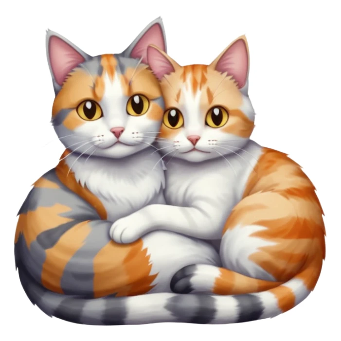 grey and white cat cuddling a colourful light patched calico + white tabby cat sticker