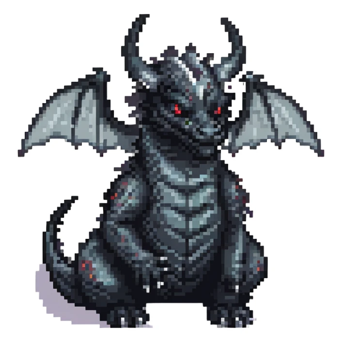Make the wings even bigger on this fierce black dragon with two medium horns, keep pixel art style and no background. sticker