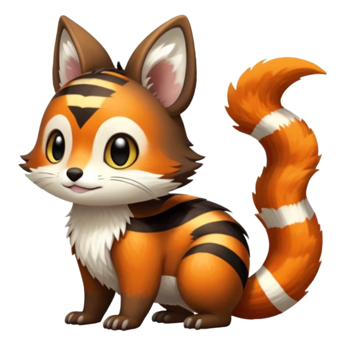 lush warm-colored Fakémon-Trico-creature (full body) with white cheek markings, white-striped tail sticker