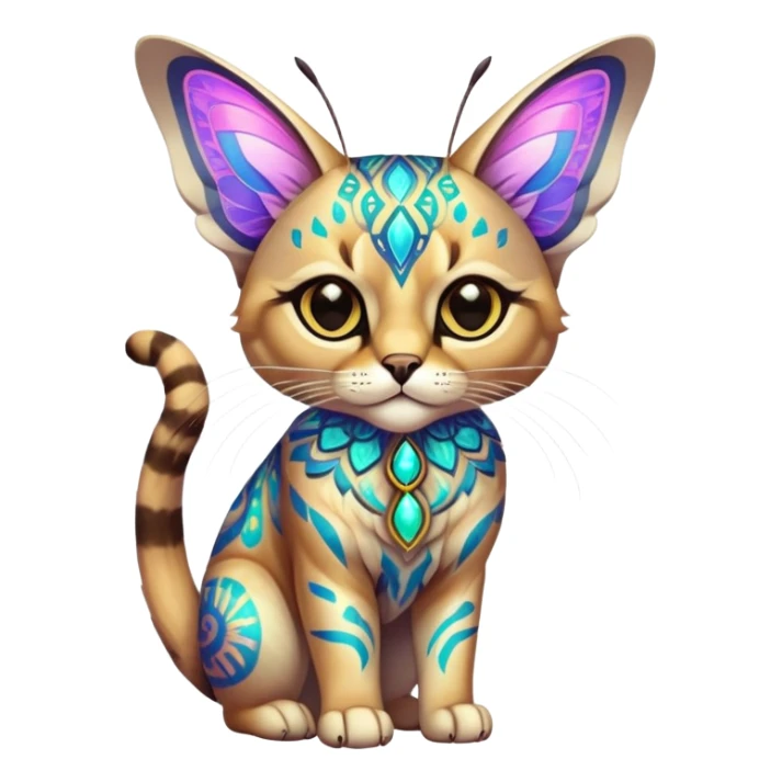 Colorful Neon exotic ethereal iridescent tropical shiny Fantasy-Siamese-Bobcat-Caracal-Moth-Scottish-Fold-feline-Fakémon-feline-hybrid (full body) sticker