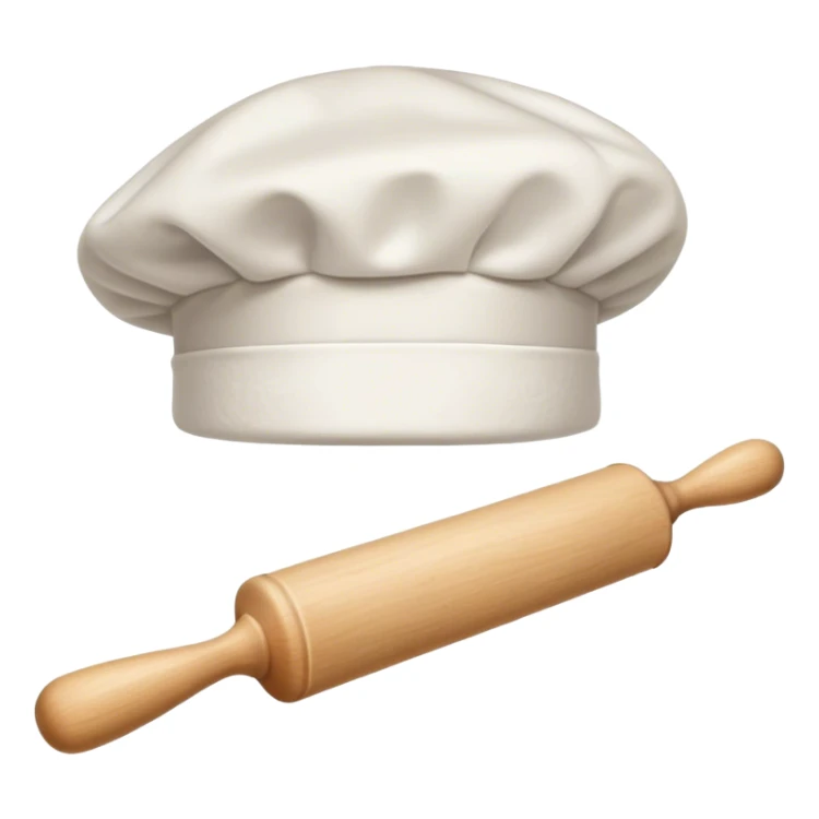 Cinematic Realistic Chef Hat & Rolling Pin, crisp white cotton hat with soft folds, resting beside a classic wooden rolling pin with smooth, polished curves, a light dusting of flour adding authenticity, warm kitchen lighting casting gentle shadows, glowing with a cozy and inviting charm. sticker
