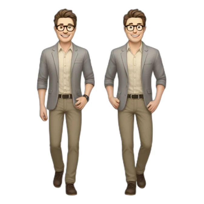 Joyful Full height Pale skinned Fit Man With dark brown hair in gray jacket, beige office shirt, Brown pants and vintage glasses. His thrumbs up sticker