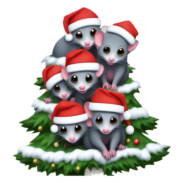 4 possums wearing Santa hats in front of a Christmas tree sticker