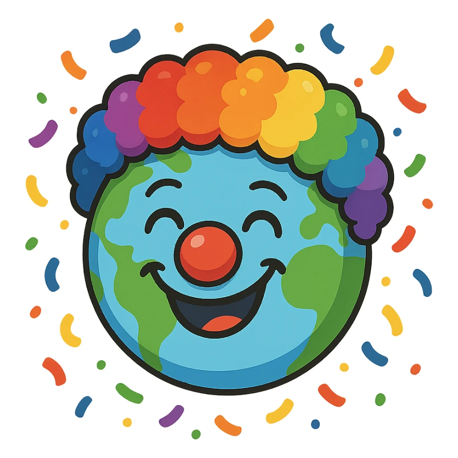 a globe with clown features, red nose, rainbow wig, and silly smile, surrounded by confetti sticker