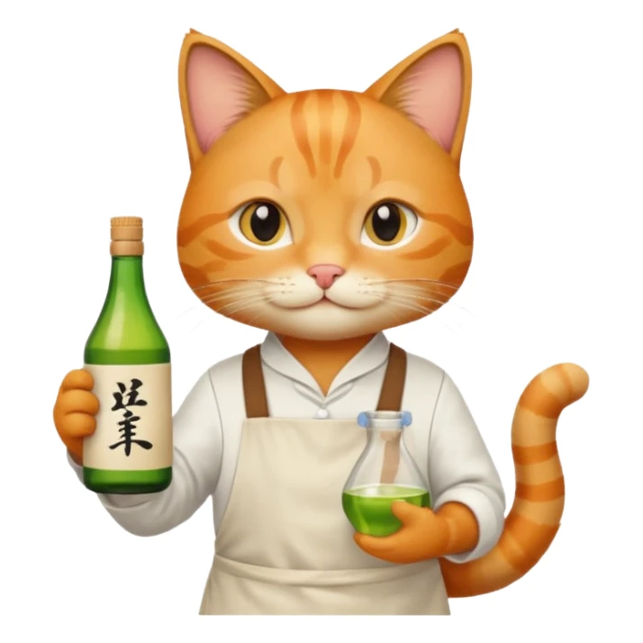 cool cat wearing an apron holding a bottle of sake sticker