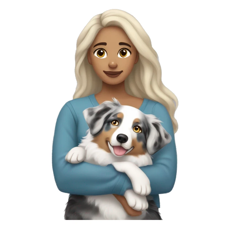 Light skinned woman with medium length blonde hair cuddling with blue Merle Australian shepherd  sticker