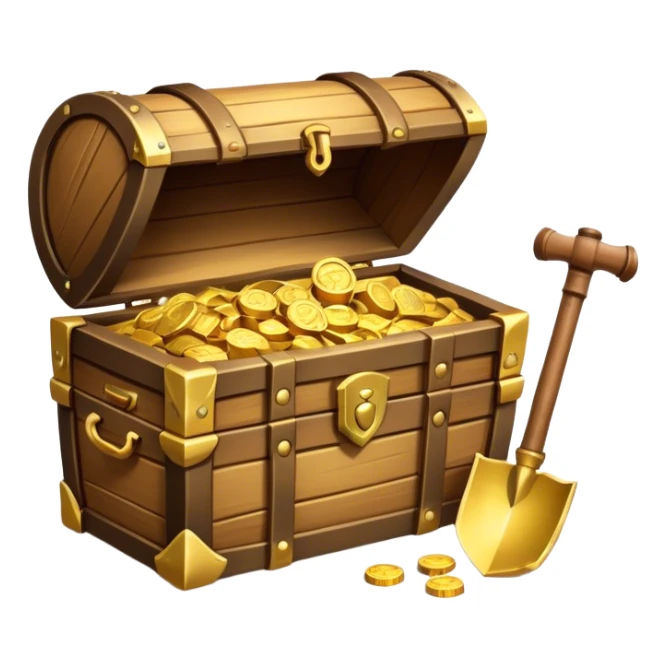 An icon showcasing a treasure chest filled with gold, a treasure map rolled up beside it, a backpack and shovel. The design captures the essence of treasure hunting, exploration, and excitement, set on a transparent background to emphasize the thrill of discovery. sticker