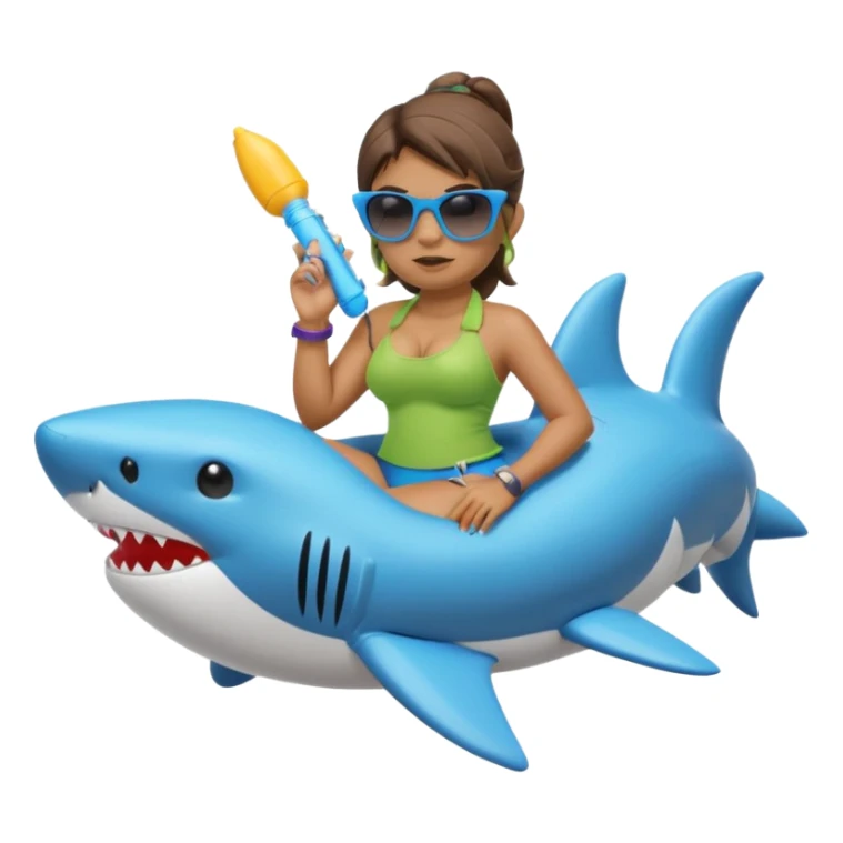 orc female sitting in an inflatable floatie shaped like a shark, wearing oversized sunglasses and a whistle on a neck cord, 2d sticker