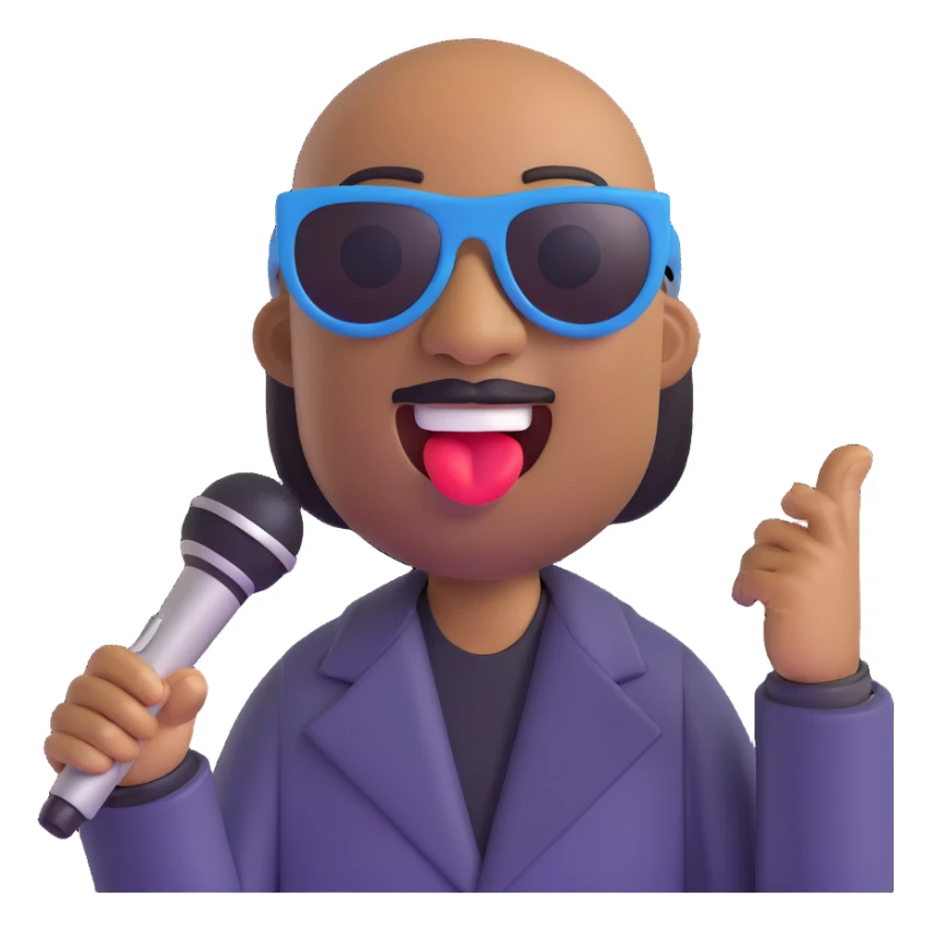 Stevie Wonder emoji, singing with a microphone, sunglasses, joyful expression sticker