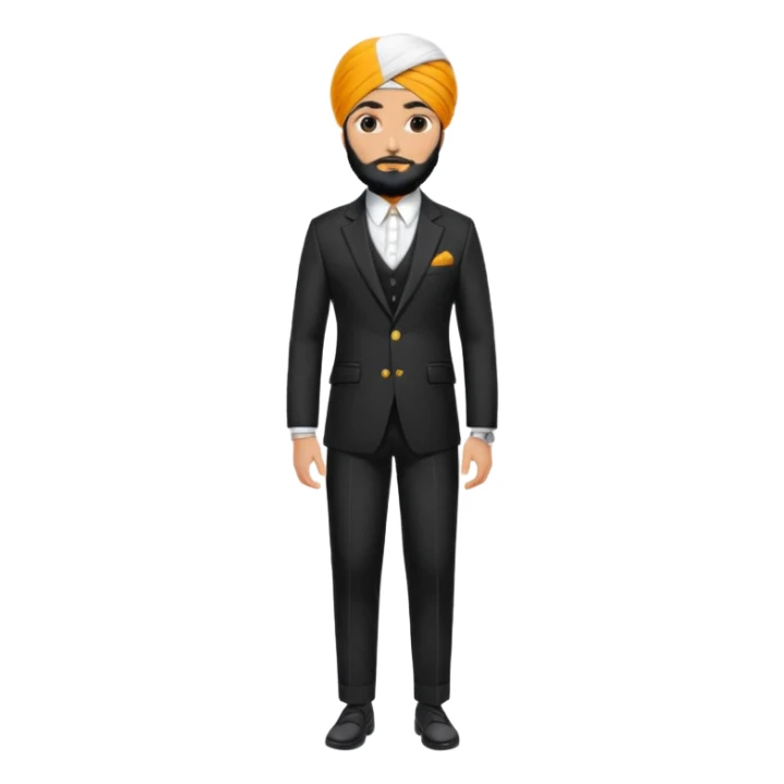 Sikh man with turban styled in a premium black coat pant suit with sticker