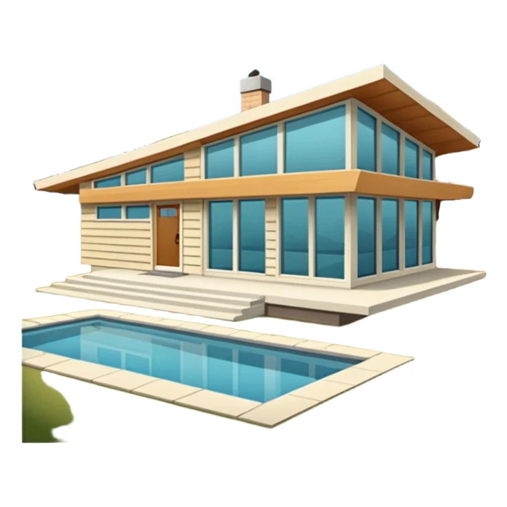midcentury modern house with 1000 sqft and all windows and a sliding windows on corner. With overhanging shade and slats. sticker