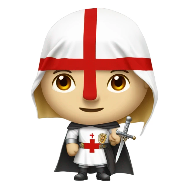 Bare headed blond haired Masonic knight Templar wearing a white tunic with a Red Cross on the front and a white mantle with a hood with a Red Cross on the left side and a male face with a red cap and holding a sword. sticker
