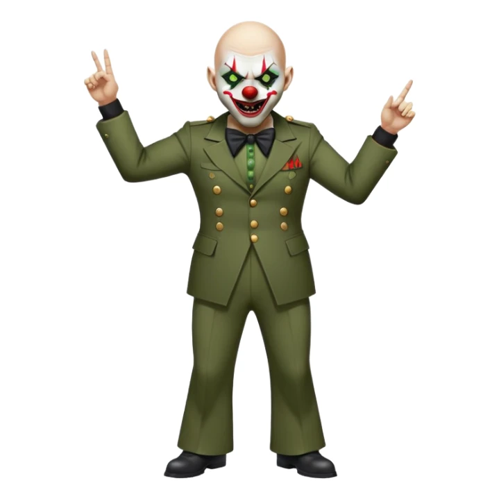 evil clown, bald, short black devil horns on forehead, fangs, pointed ears, black and military green leisure suit with bellbottom pants, realistically proportioned, less bulky, full body, battle-ready, fighting posture sticker