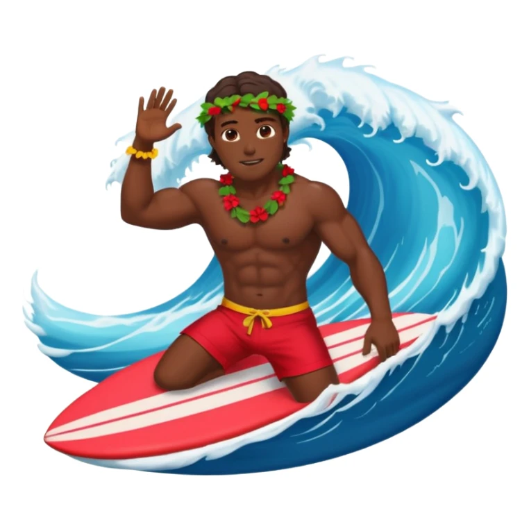Dark muscular surfer in big wave wearing red shorts and head lei sticker
