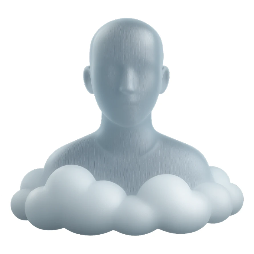 person looking straight ahead, shoulders immersed in fluffy, convex white clouds, volumetric and snow-white clouds, matte glass style, no background sticker