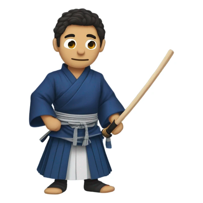 male Kendo Muppet with dark hair side-part and brown eyes with indigoblue Gi and Hakama and a dark Kendo-armor sticker