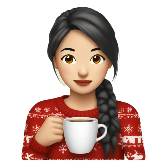 asian girl drinking coffee wearing Christmas sweater sticker