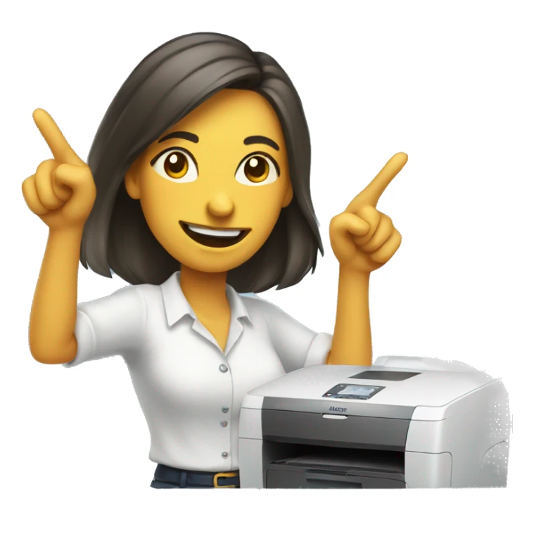 woman pointing to a home printer with a smug face sticker