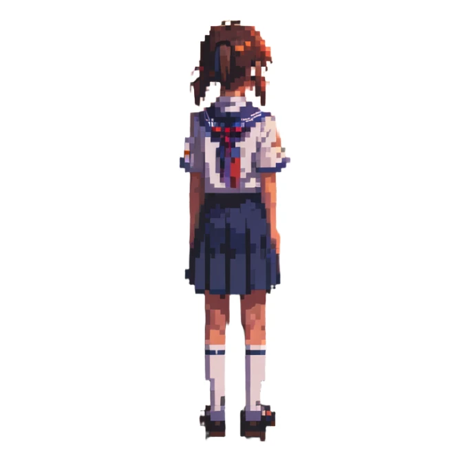 Japanese schoolgirl in uniform standing in a classroom with sunset light, hands at sides, one empty desk, looking out window, emotional atmosphere sticker