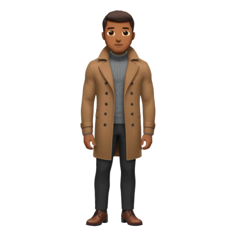 Handsome Black guy with brown skin tone, with lean muscular build, wearing black slacks, a gray sweater, long brown pea coat, and black shoes sticker