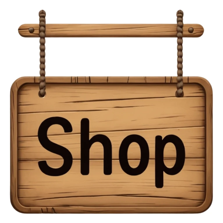 wooden shop sign hanging by two strings, sticker