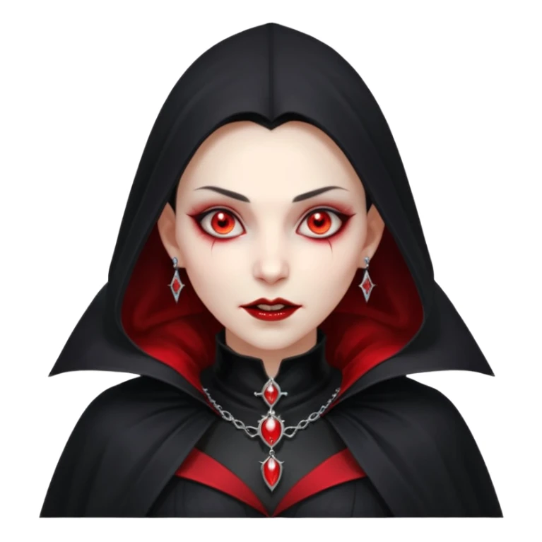vampire village woman portrait, head and shoulders only, dark gothic cloak collar, sharp fangs, red glowing eyes, elegant yet eerie expression, subtle jewelry, 3D cartoon, mobile game icon style, clean background, no text, no watermark sticker