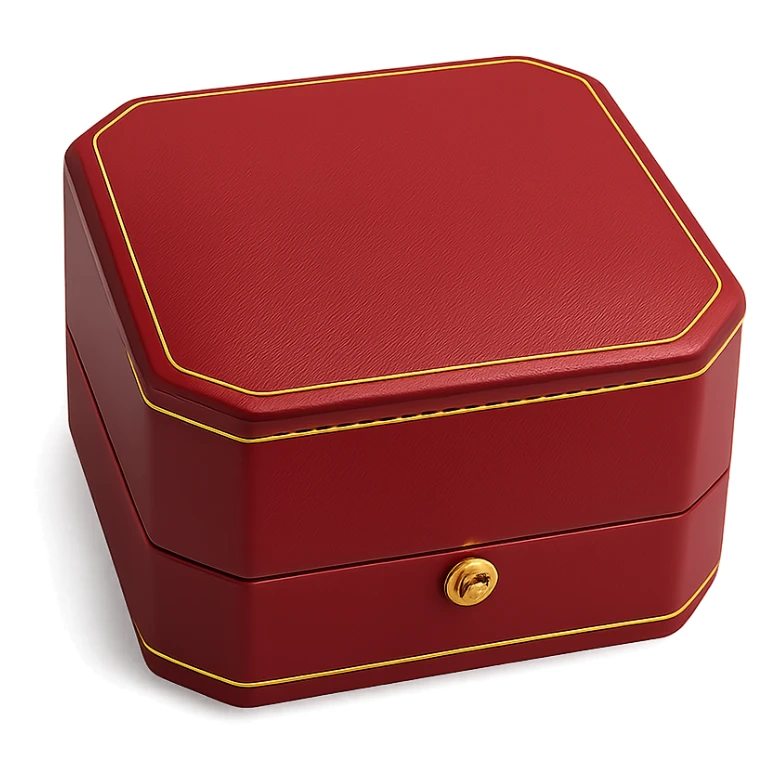 cartier red box, closed, gold trim, iconic shape, minimal, no text sticker