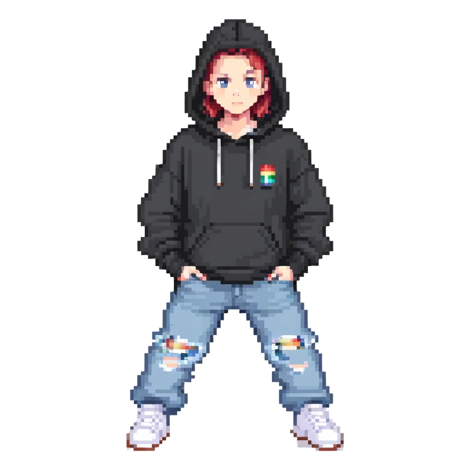 person named Les wearing wide jeans and a black hoodie sticker