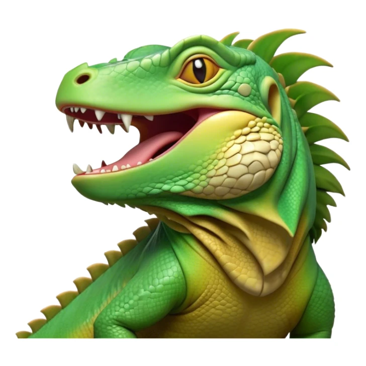 Cinematic Realistic Cute Yawning Iguana Portrait Emoji, Head tilted slightly with a dramatic, wide-open yawn, showcasing a soft, textured green-scaled face with gently drooping features and half-closed, drowsy amber eyes, rendered with natural detail and subtle shadows, high shine, relaxed yet expressive, styled with a dash of tropical charm, soft glowing outline, capturing the essence of a sleepy yet affectionate iguana that appears ready to stretch out and enjoy a peaceful nap! sticker