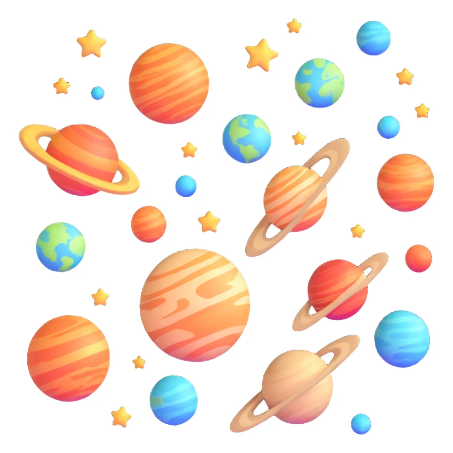 Colorful planets and stars floating in space, white background, bright colors, lively atmosphere sticker