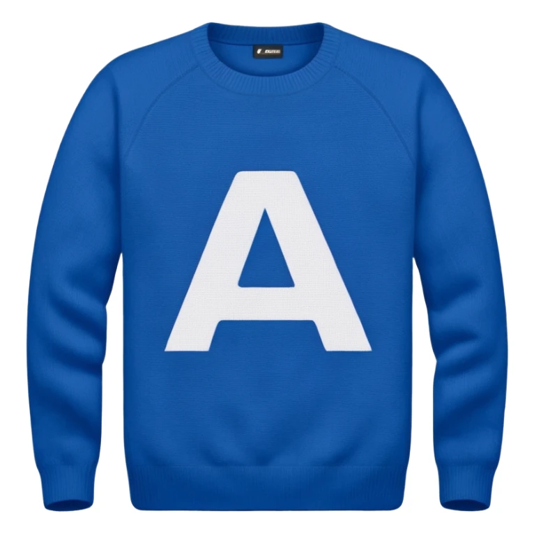 blue sweater with small white letter A in upper right sticker