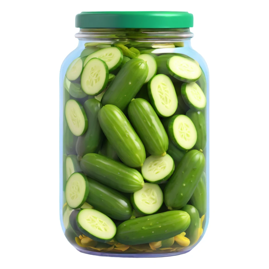 see-through jar packed with green pickled cucumbers in brine, tightly closed shiny deep green lid contrasting with pickles sticker