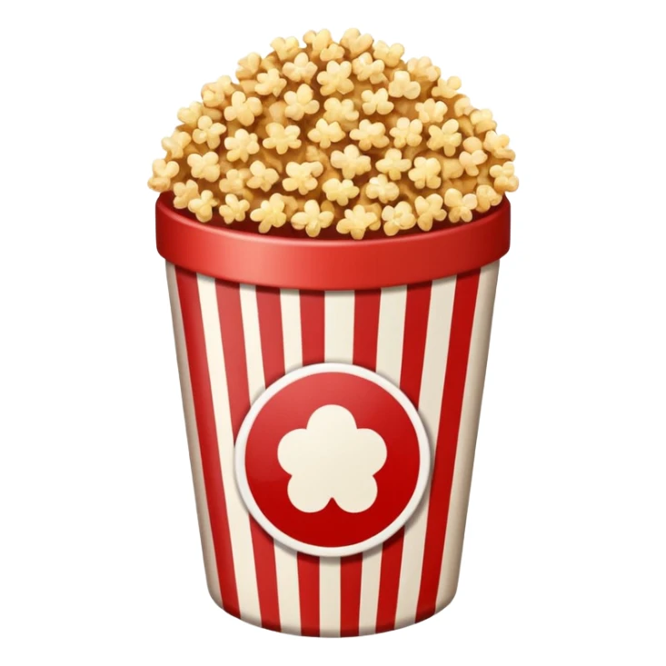 brown popcorn in a paper jar with red and white vertical lines sticker