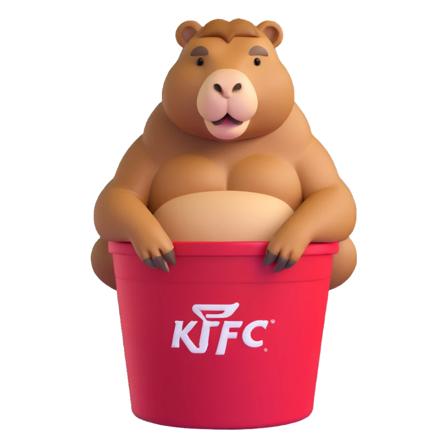 Muscular capybara with bulging muscles sitting in a KFC bucket sticker
