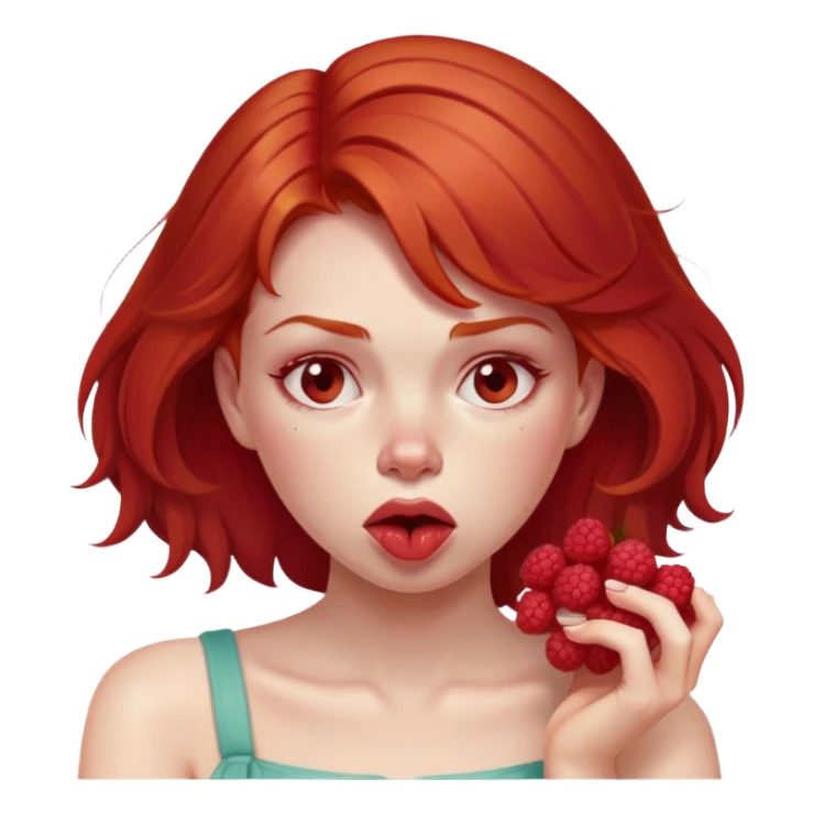redhead girl with a displeased face eating raspberries sticker