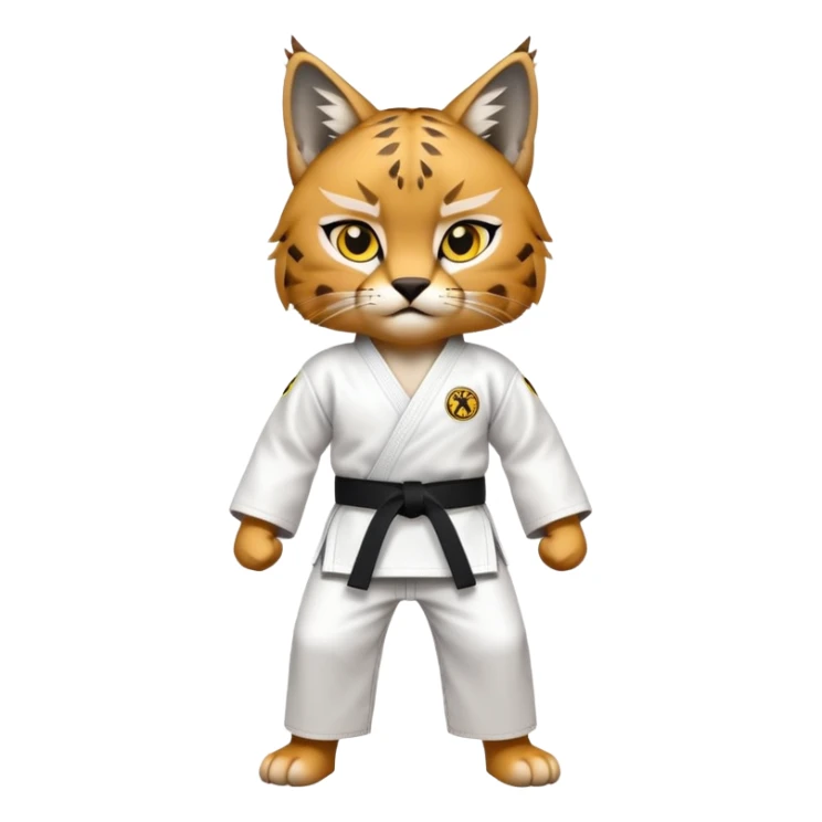 A karate lynx with brown fur, yellow eyes and a white karate suit sticker