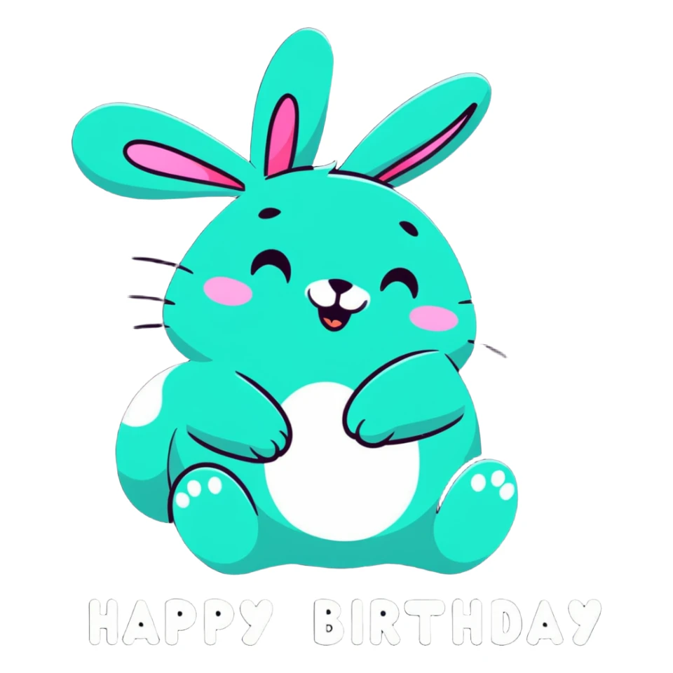 laughing bunny hugging "Happy Birthday" letters with stars, cartoonish sticker style, bold outlines, vibrant colors sticker